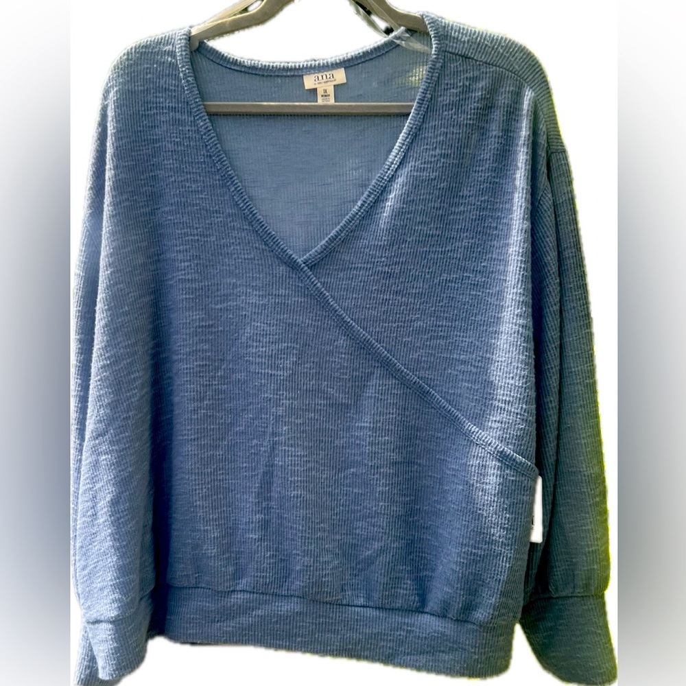 a.n.a. Blue V-Neck Ribbed Knit Top 1X NWT